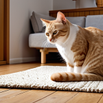 **Prompt 1 (Focus: Understanding Invisible Allergens):** A clean, minimalist Scandinavian living room bathed in soft light. A domestic shorthair cat is grooming itself on a rug. Overlayed or subtly integrated into the scene are microscopic, glowing particles representing Fel d 1 allergens, floating in the air and settling on furniture. A person sits on a sofa, looking at the cat with affection, but with a subtle hint of a coming allergic reaction, like a slight nose itch or watery eyes. Emphasize the unseen nature of the allergens spreading from the cat.