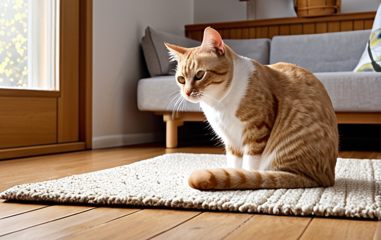 **Prompt 1 (Focus: Understanding Invisible Allergens):** A clean, minimalist Scandinavian living room bathed in soft light. A domestic shorthair cat is grooming itself on a rug. Overlayed or subtly integrated into the scene are microscopic, glowing particles representing Fel d 1 allergens, floating in the air and settling on furniture. A person sits on a sofa, looking at the cat with affection, but with a subtle hint of a coming allergic reaction, like a slight nose itch or watery eyes. Emphasize the unseen nature of the allergens spreading from the cat.